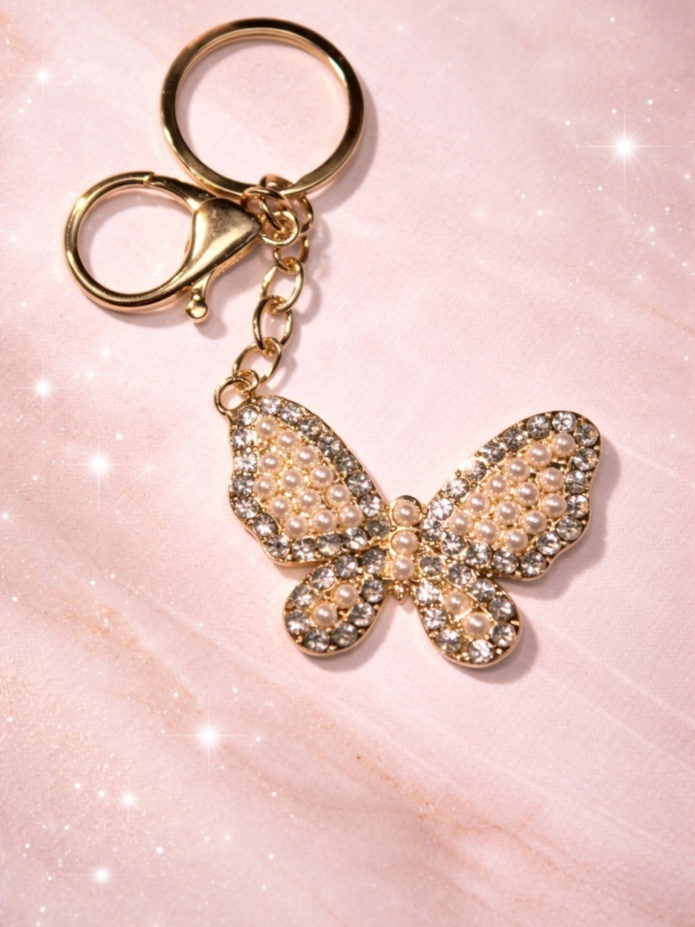 Gold Butterfly Keychain Rhinestone Pearl Bling Bag Charm Cute